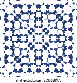 Portuguese ornamental azulejo ceramic. Creative design. Vector seamless pattern collage. Blue vintage backdrop for wallpaper, web background, towels, print, surface texture, pillows.