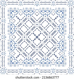 Portuguese ornamental azulejo ceramic. Creative design. Vector seamless pattern collage. Blue vintage backdrop for wallpaper, web background, towels, print, surface texture, pillows.