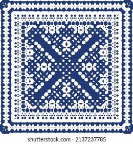 Portuguese ornamental azulejo ceramic. Creative design. Vector seamless pattern collage. Blue vintage backdrop for wallpaper, web background, towels, print, surface texture, pillows.