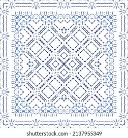 Portuguese ornamental azulejo ceramic. Creative design. Vector seamless pattern collage. Blue vintage backdrop for wallpaper, web background, towels, print, surface texture, pillows.