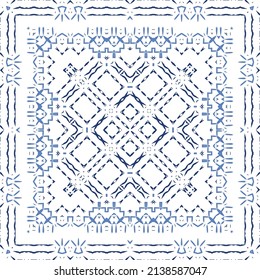 Portuguese ornamental azulejo ceramic. Creative design. Vector seamless pattern collage. Blue vintage backdrop for wallpaper, web background, towels, print, surface texture, pillows.