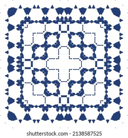 Portuguese ornamental azulejo ceramic. Creative design. Vector seamless pattern collage. Blue vintage backdrop for wallpaper, web background, towels, print, surface texture, pillows.