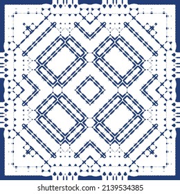 Portuguese ornamental azulejo ceramic. Creative design. Vector seamless pattern collage. Blue vintage backdrop for wallpaper, web background, towels, print, surface texture, pillows.