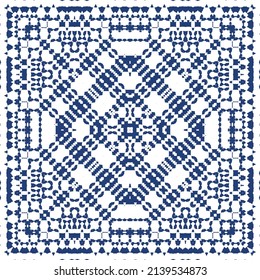 Portuguese ornamental azulejo ceramic. Creative design. Vector seamless pattern collage. Blue vintage backdrop for wallpaper, web background, towels, print, surface texture, pillows.