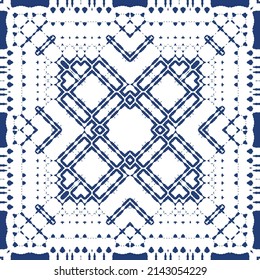 Portuguese ornamental azulejo ceramic. Creative design. Vector seamless pattern collage. Blue vintage backdrop for wallpaper, web background, towels, print, surface texture, pillows.