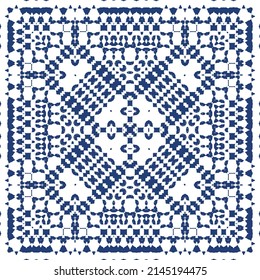 Portuguese ornamental azulejo ceramic. Creative design. Vector seamless pattern collage. Blue vintage backdrop for wallpaper, web background, towels, print, surface texture, pillows.