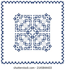 Portuguese ornamental azulejo ceramic. Creative design. Vector seamless pattern collage. Blue vintage backdrop for wallpaper, web background, towels, print, surface texture, pillows.