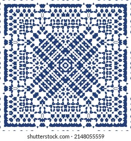 Portuguese ornamental azulejo ceramic. Creative design. Vector seamless pattern collage. Blue vintage backdrop for wallpaper, web background, towels, print, surface texture, pillows.