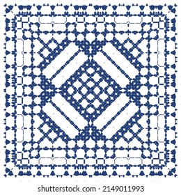 Portuguese ornamental azulejo ceramic. Creative design. Vector seamless pattern collage. Blue vintage backdrop for wallpaper, web background, towels, print, surface texture, pillows.