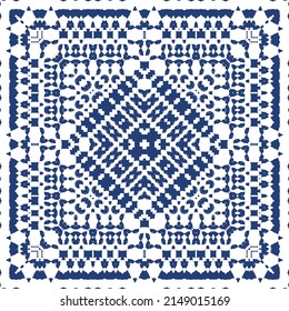 Portuguese ornamental azulejo ceramic. Creative design. Vector seamless pattern collage. Blue vintage backdrop for wallpaper, web background, towels, print, surface texture, pillows.