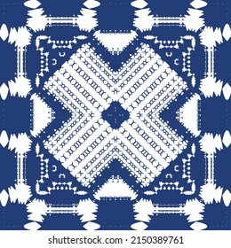 Portuguese ornamental azulejo ceramic. Creative design. Vector seamless pattern collage. Blue vintage backdrop for wallpaper, web background, towels, print, surface texture, pillows.