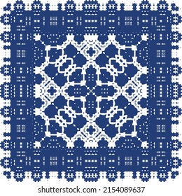 Portuguese ornamental azulejo ceramic. Creative design. Vector seamless pattern collage. Blue vintage backdrop for wallpaper, web background, towels, print, surface texture, pillows.
