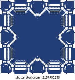 Portuguese ornamental azulejo ceramic. Creative design. Vector seamless pattern collage. Blue vintage backdrop for wallpaper, web background, towels, print, surface texture, pillows.