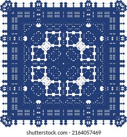 Portuguese ornamental azulejo ceramic. Creative design. Vector seamless pattern collage. Blue vintage backdrop for wallpaper, web background, towels, print, surface texture, pillows.