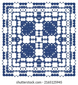 Portuguese ornamental azulejo ceramic. Creative design. Vector seamless pattern collage. Blue vintage backdrop for wallpaper, web background, towels, print, surface texture, pillows.