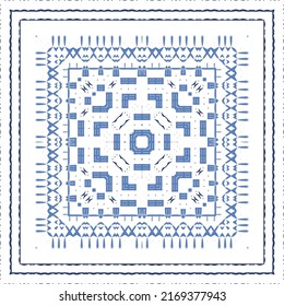 Portuguese ornamental azulejo ceramic. Creative design. Vector seamless pattern collage. Blue vintage backdrop for wallpaper, web background, towels, print, surface texture, pillows.
