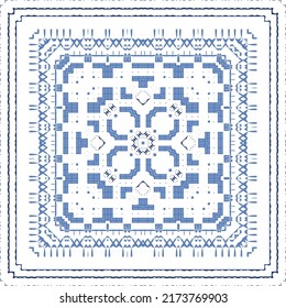 Portuguese ornamental azulejo ceramic. Creative design. Vector seamless pattern collage. Blue vintage backdrop for wallpaper, web background, towels, print, surface texture, pillows.