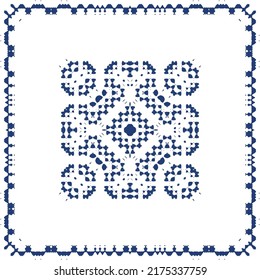 Portuguese ornamental azulejo ceramic. Creative design. Vector seamless pattern collage. Blue vintage backdrop for wallpaper, web background, towels, print, surface texture, pillows.