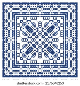Portuguese ornamental azulejo ceramic. Creative design. Vector seamless pattern collage. Blue vintage backdrop for wallpaper, web background, towels, print, surface texture, pillows.