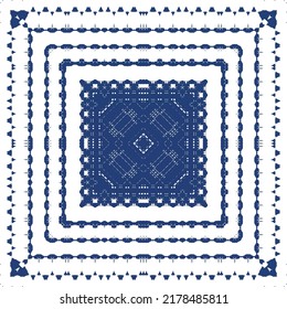 Portuguese ornamental azulejo ceramic. Creative design. Vector seamless pattern collage. Blue vintage backdrop for wallpaper, web background, towels, print, surface texture, pillows.