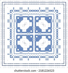 Portuguese ornamental azulejo ceramic. Creative design. Vector seamless pattern collage. Blue vintage backdrop for wallpaper, web background, towels, print, surface texture, pillows.