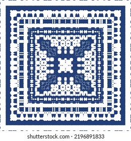 Portuguese ornamental azulejo ceramic. Creative design. Vector seamless pattern collage. Blue vintage backdrop for wallpaper, web background, towels, print, surface texture, pillows.