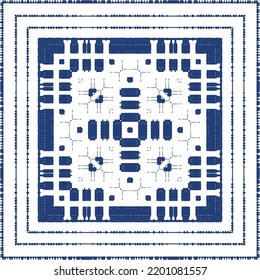 Portuguese ornamental azulejo ceramic. Creative design. Vector seamless pattern collage. Blue vintage backdrop for wallpaper, web background, towels, print, surface texture, pillows.