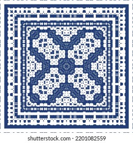 Portuguese ornamental azulejo ceramic. Creative design. Vector seamless pattern collage. Blue vintage backdrop for wallpaper, web background, towels, print, surface texture, pillows.