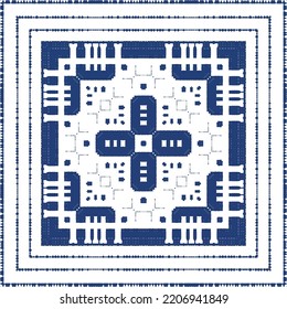 Portuguese ornamental azulejo ceramic. Creative design. Vector seamless pattern collage. Blue vintage backdrop for wallpaper, web background, towels, print, surface texture, pillows.