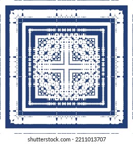 Portuguese ornamental azulejo ceramic. Creative design. Vector seamless pattern collage. Blue vintage backdrop for wallpaper, web background, towels, print, surface texture, pillows.