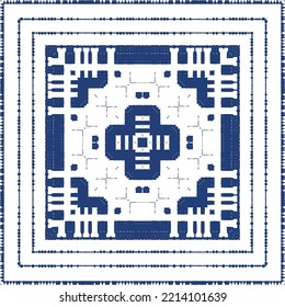 Portuguese ornamental azulejo ceramic. Creative design. Vector seamless pattern collage. Blue vintage backdrop for wallpaper, web background, towels, print, surface texture, pillows.