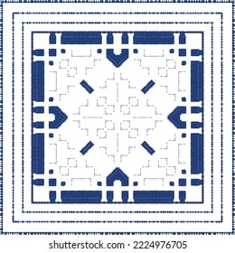 Portuguese ornamental azulejo ceramic. Creative design. Vector seamless pattern collage. Blue vintage backdrop for wallpaper, web background, towels, print, surface texture, pillows.