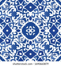 Portuguese ornamental azulejo ceramic. Fashionable design. Vector seamless pattern frame. Blue vintage backdrop for wallpaper, web background, towels, print, surface texture, pillows.