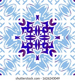 Portuguese ornamental azulejo ceramic. Geometric design. Vector seamless pattern illustration. Blue vintage backdrop for wallpaper, web background, towels, print, surface texture, pillows.