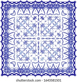 Portuguese ornamental azulejo ceramic. Geometric design. Vector seamless pattern illustration. Blue vintage backdrop for wallpaper, web background, towels, print, surface texture, pillows.