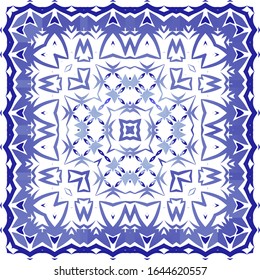 Portuguese ornamental azulejo ceramic. Geometric design. Vector seamless pattern illustration. Blue vintage backdrop for wallpaper, web background, towels, print, surface texture, pillows.