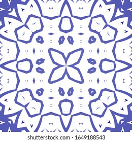 Portuguese ornamental azulejo ceramic. Geometric design. Vector seamless pattern illustration. Blue vintage backdrop for wallpaper, web background, towels, print, surface texture, pillows.