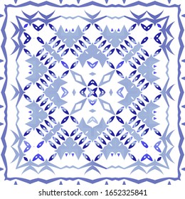 Portuguese ornamental azulejo ceramic. Geometric design. Vector seamless pattern illustration. Blue vintage backdrop for wallpaper, web background, towels, print, surface texture, pillows.