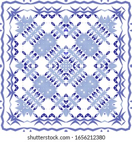 Portuguese ornamental azulejo ceramic. Geometric design. Vector seamless pattern illustration. Blue vintage backdrop for wallpaper, web background, towels, print, surface texture, pillows.