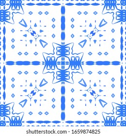 Portuguese ornamental azulejo ceramic. Geometric design. Vector seamless pattern illustration. Blue vintage backdrop for wallpaper, web background, towels, print, surface texture, pillows.