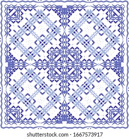 Portuguese ornamental azulejo ceramic. Geometric design. Vector seamless pattern illustration. Blue vintage backdrop for wallpaper, web background, towels, print, surface texture, pillows.