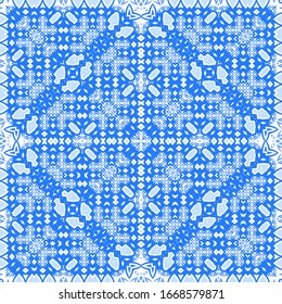 Portuguese ornamental azulejo ceramic. Geometric design. Vector seamless pattern illustration. Blue vintage backdrop for wallpaper, web background, towels, print, surface texture, pillows.