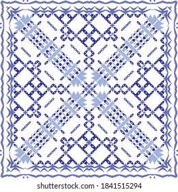 Portuguese ornamental azulejo ceramic. Geometric design. Vector seamless pattern illustration. Blue vintage backdrop for wallpaper, web background, towels, print, surface texture, pillows.