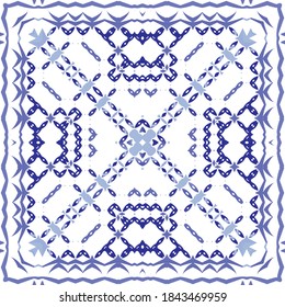 Portuguese ornamental azulejo ceramic. Geometric design. Vector seamless pattern illustration. Blue vintage backdrop for wallpaper, web background, towels, print, surface texture, pillows.