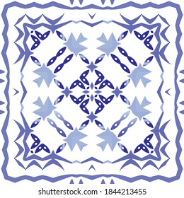 Portuguese ornamental azulejo ceramic. Geometric design. Vector seamless pattern illustration. Blue vintage backdrop for wallpaper, web background, towels, print, surface texture, pillows.