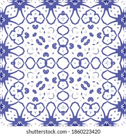 Portuguese ornamental azulejo ceramic. Geometric design. Vector seamless pattern illustration. Blue vintage backdrop for wallpaper, web background, towels, print, surface texture, pillows.