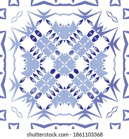 Portuguese ornamental azulejo ceramic. Geometric design. Vector seamless pattern illustration. Blue vintage backdrop for wallpaper, web background, towels, print, surface texture, pillows.