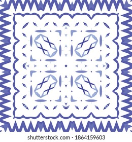 Portuguese ornamental azulejo ceramic. Geometric design. Vector seamless pattern illustration. Blue vintage backdrop for wallpaper, web background, towels, print, surface texture, pillows.