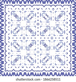 Portuguese ornamental azulejo ceramic. Geometric design. Vector seamless pattern illustration. Blue vintage backdrop for wallpaper, web background, towels, print, surface texture, pillows.