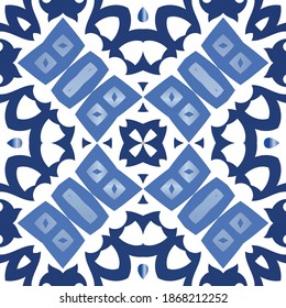 Portuguese ornamental azulejo ceramic. Geometric design. Vector seamless pattern trellis. Blue vintage backdrop for wallpaper, web background, towels, print, surface texture, pillows.